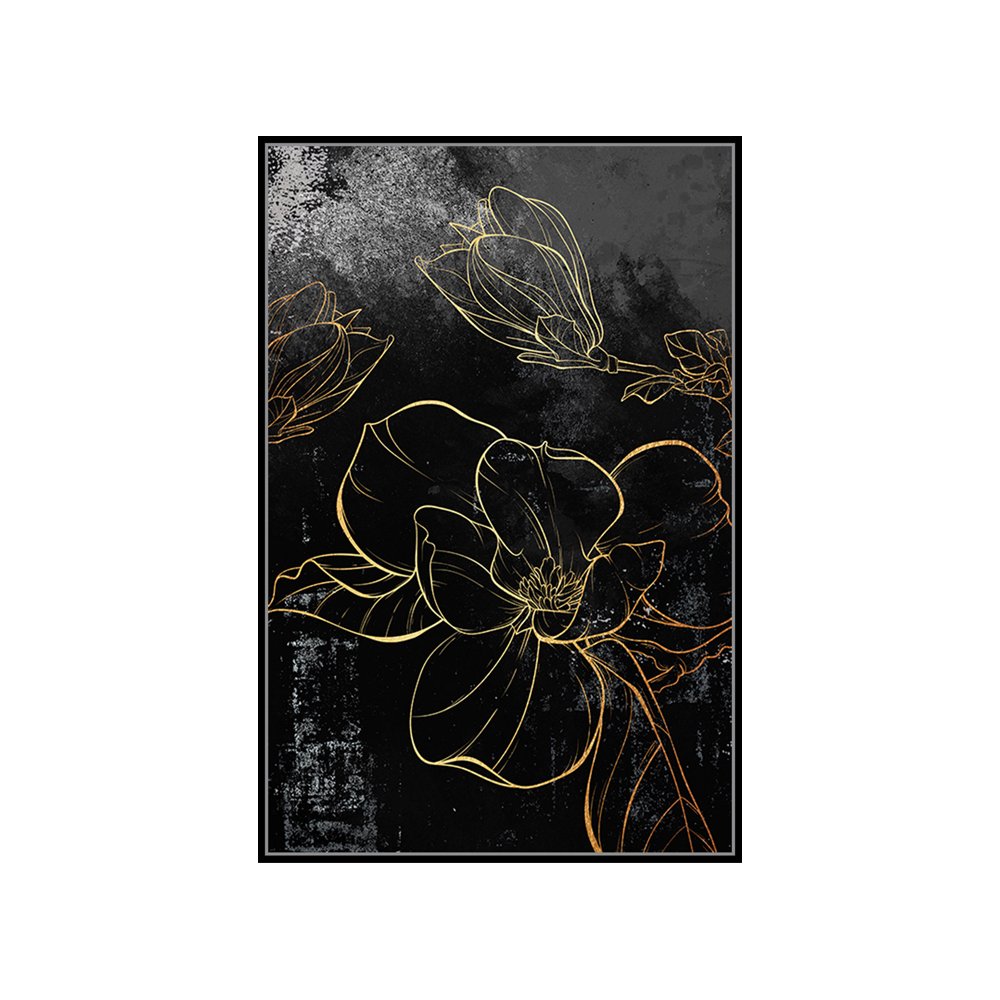 Czarny obraz złote kwiaty 82,6x122,6 cm